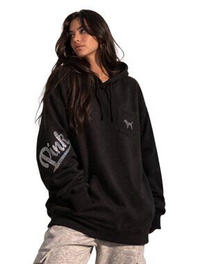 Pink Victoria’s Secret Women’s Black Sequin Logo Hoodie, S